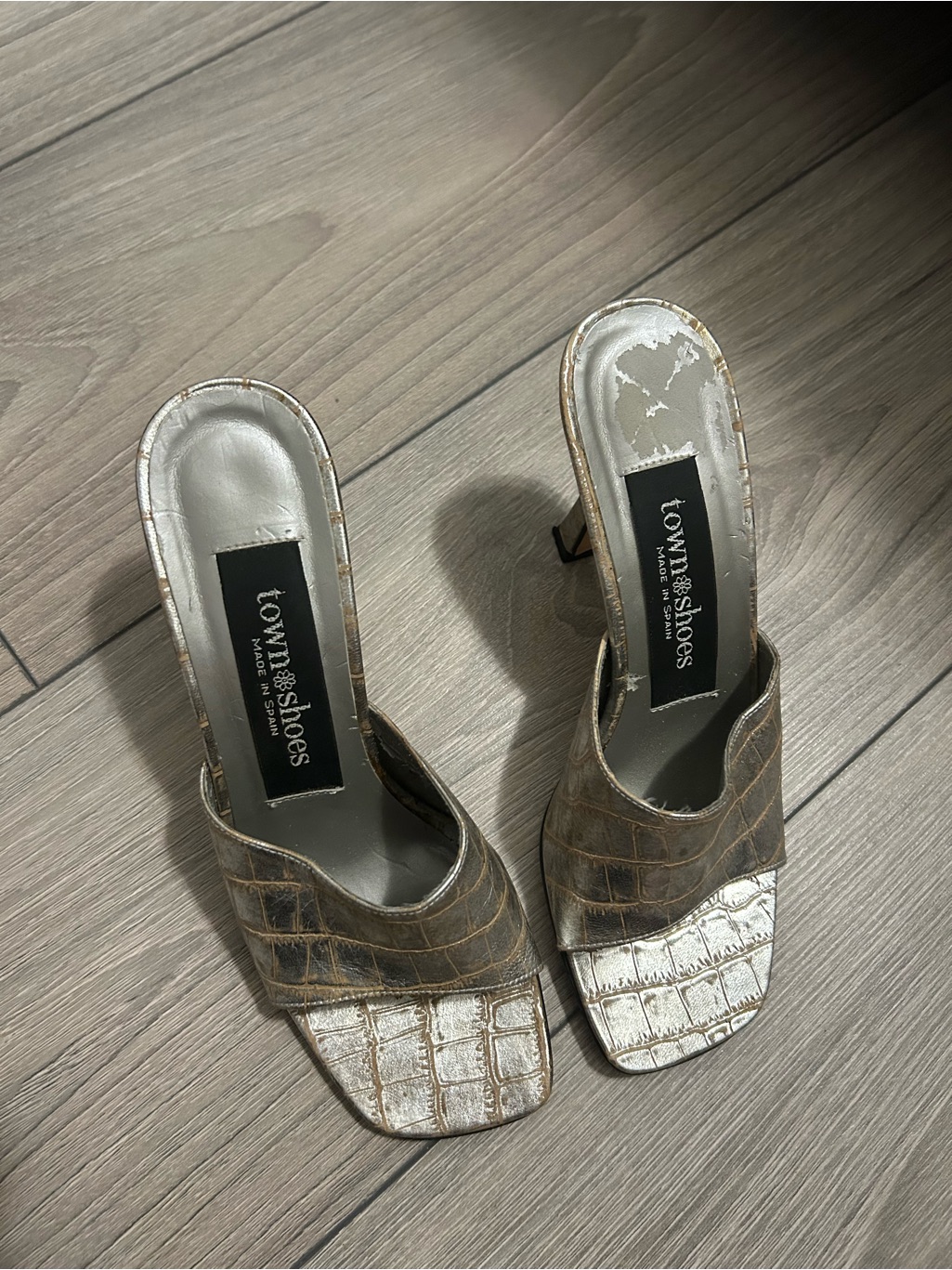 Metallic Brown Croc-Embossed Mules